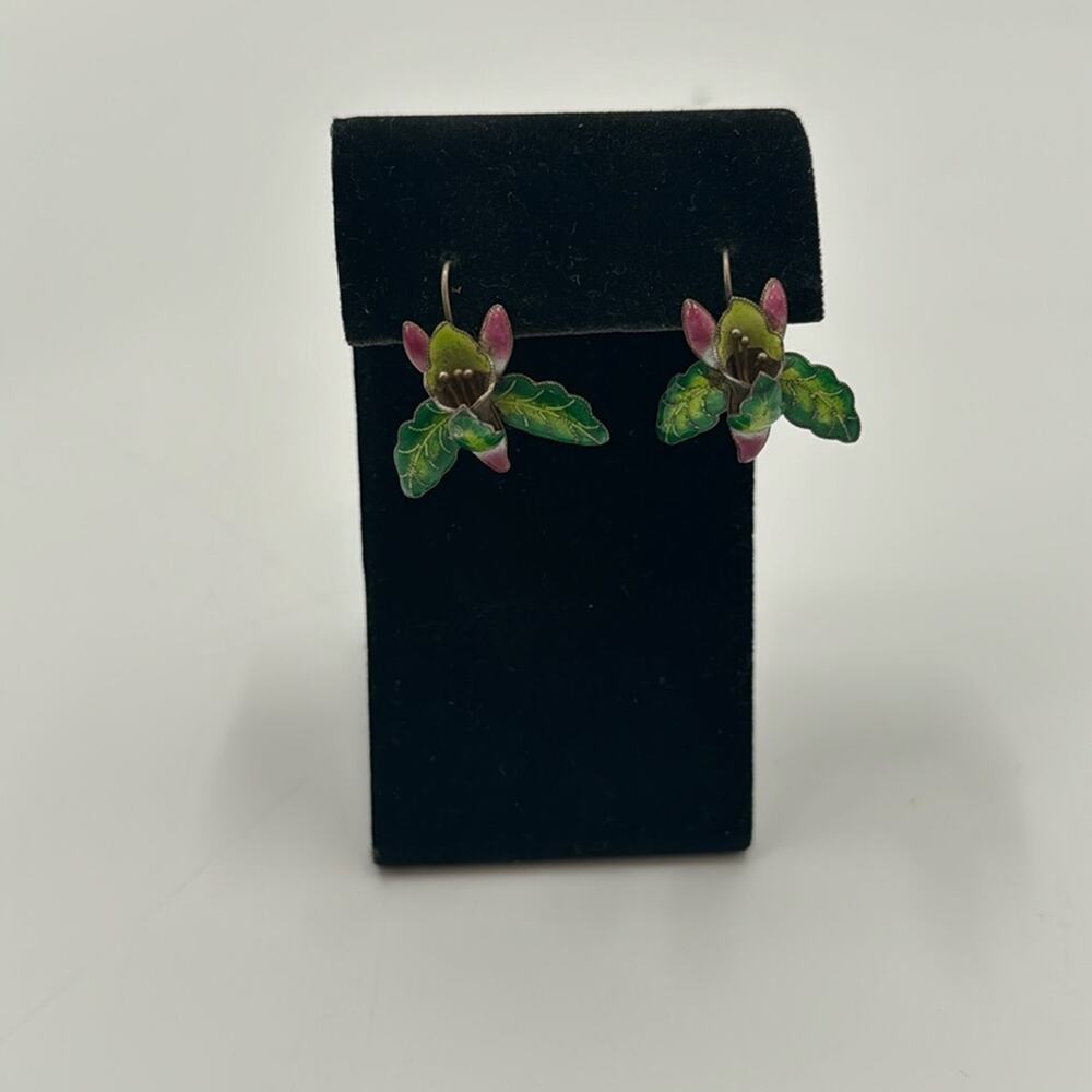 Vintage Sterling Silver Gold Vermeil Enamel Orchid Flower Lily Earrings